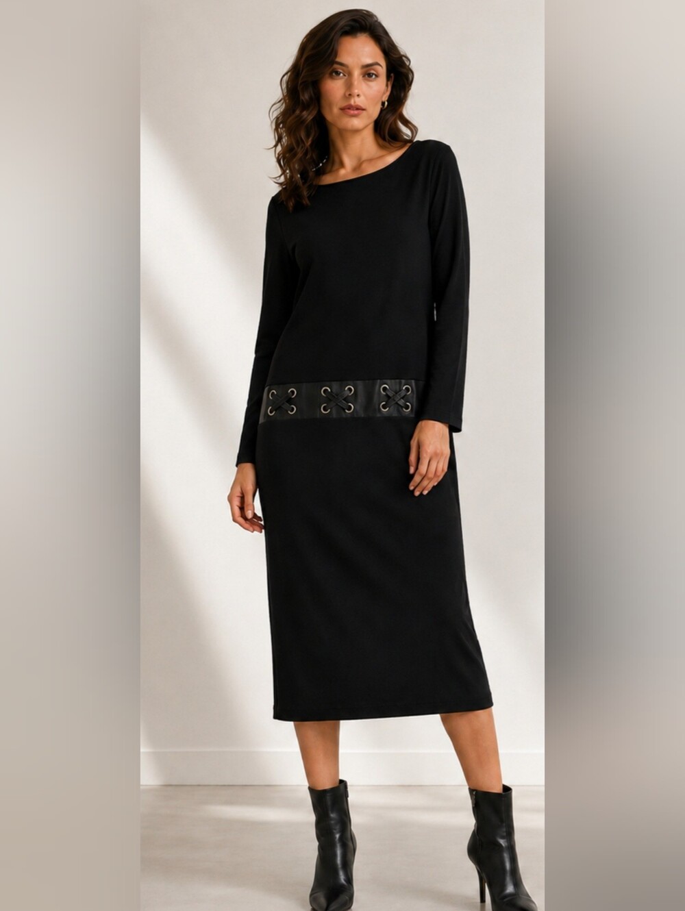 Giorgio Fiorlini Black Lace Up Trim Midi Dress 12 Goth MinimalistGiorgio Fiorlin